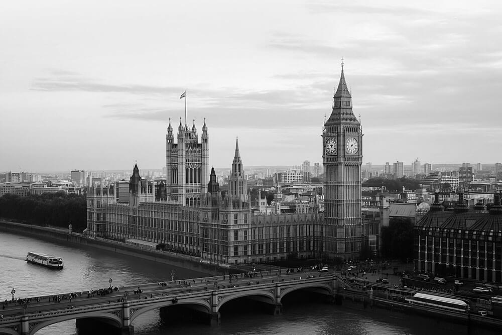Black and white view of the Houses of Parliament and Big Ben in London